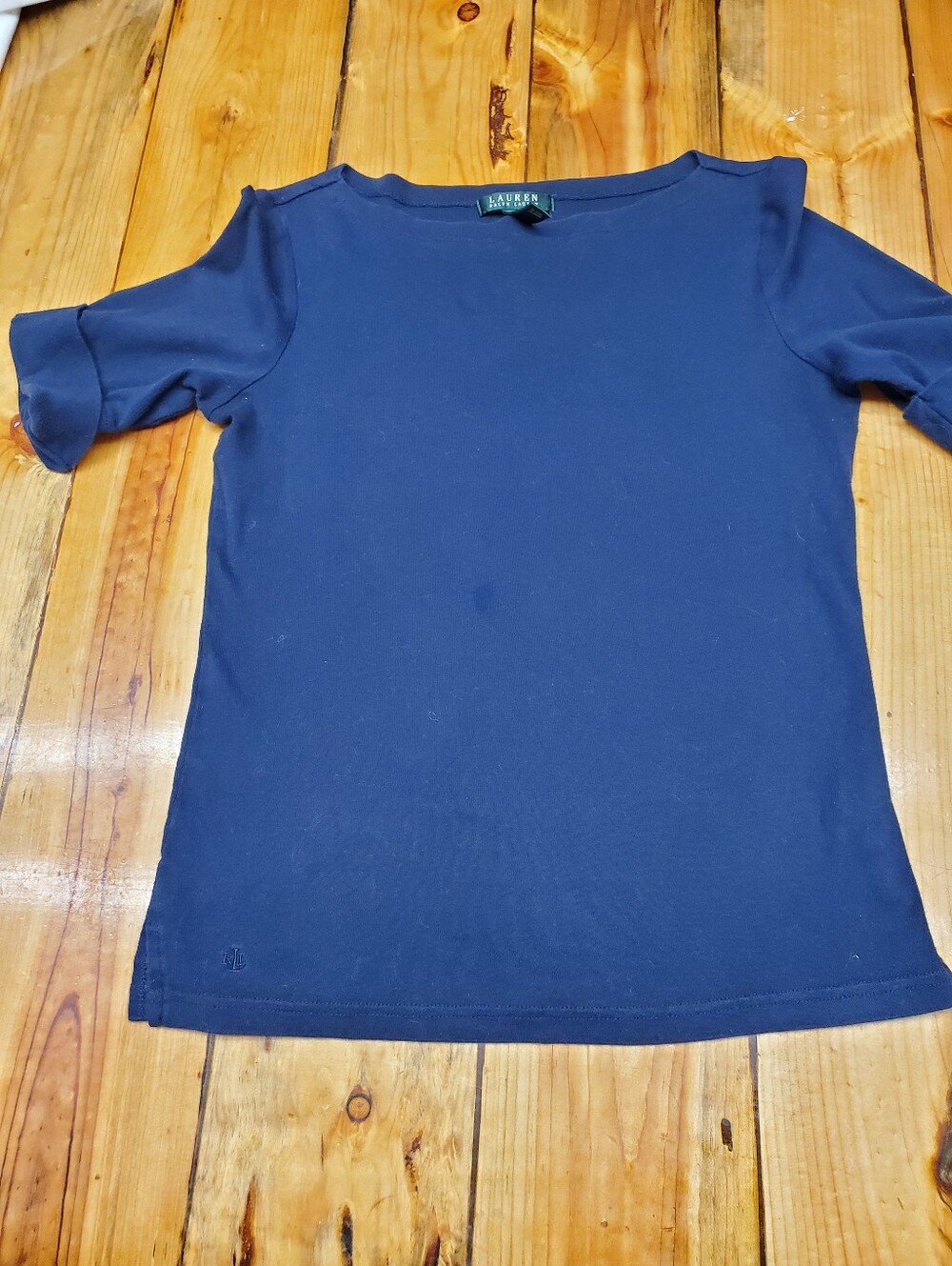 Lauren Ralph Lauren Navy Boat Neck Tee Medium 100% Cotton Ruched Sleeve RL Logo